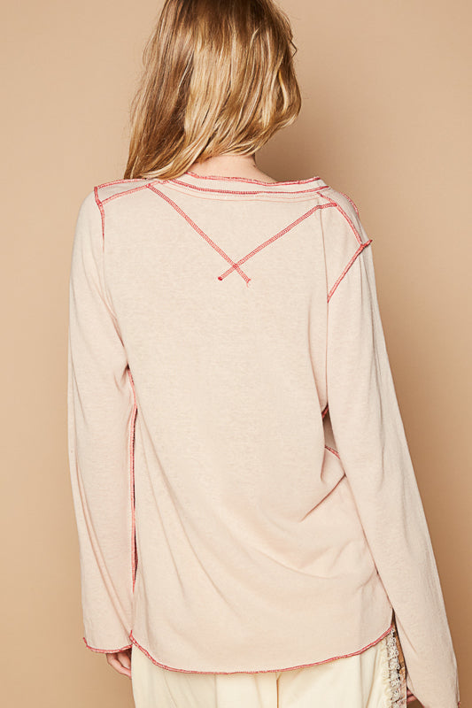 Overlock Stitched Top - Taupe