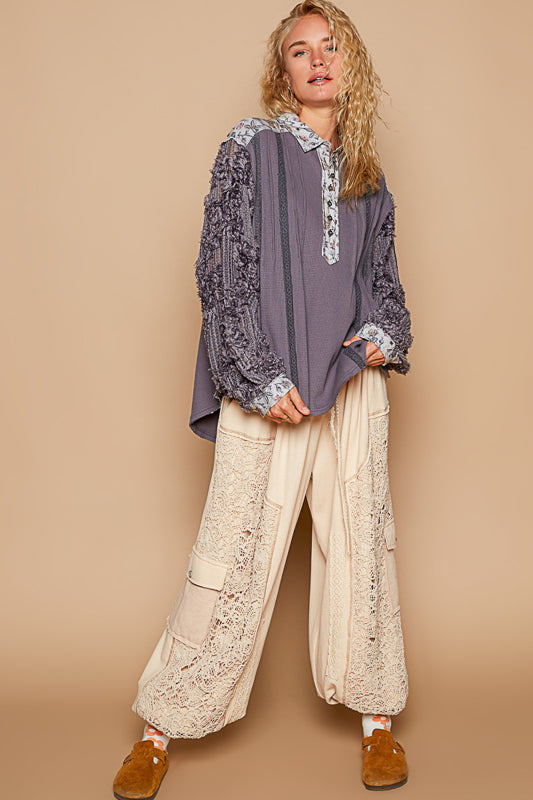 Lacey Balloon Sleeve Blouse - Ghost Grey