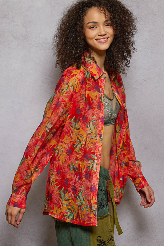 Printed Woven Button Down - Orange