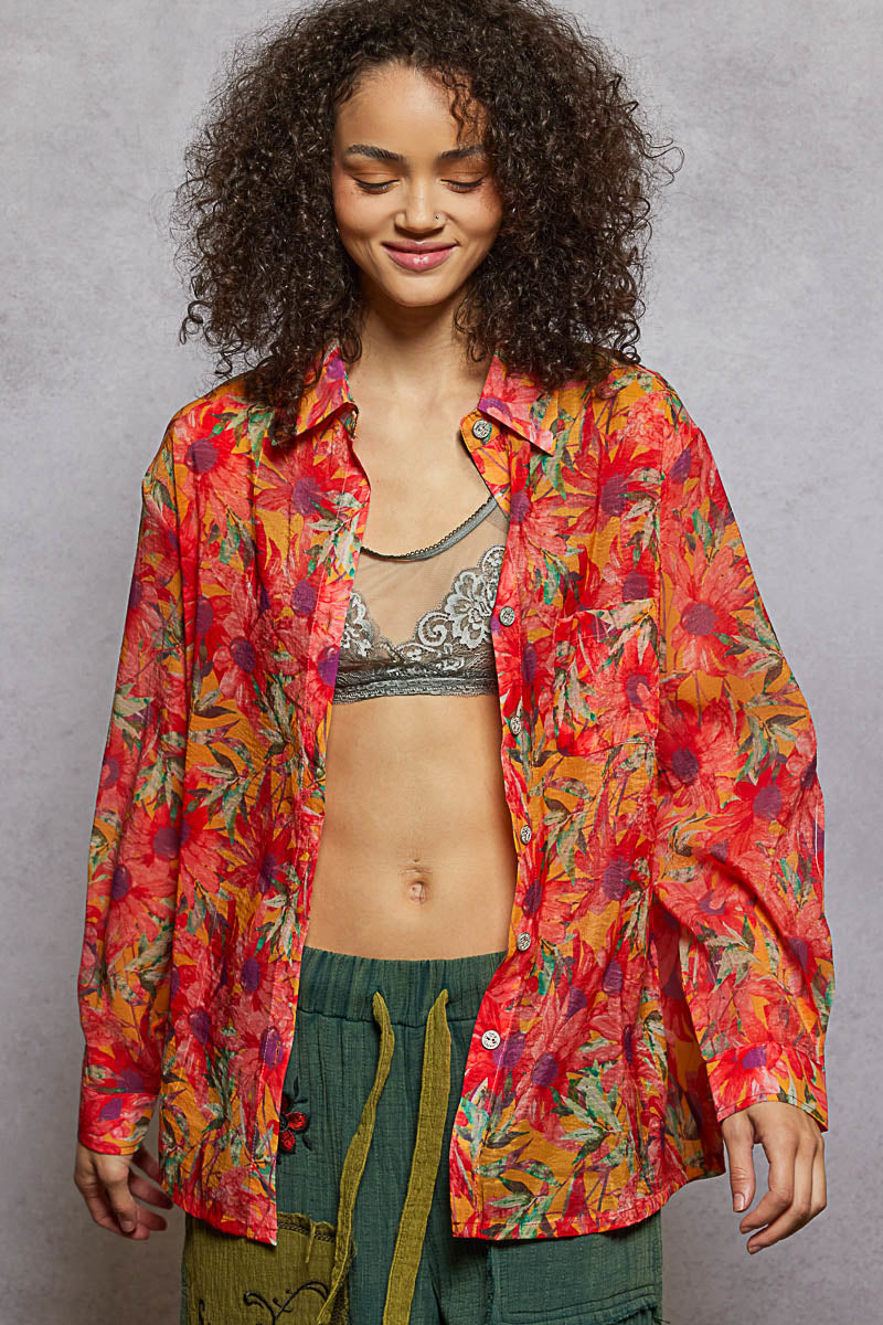 Printed Woven Button Down - Orange
