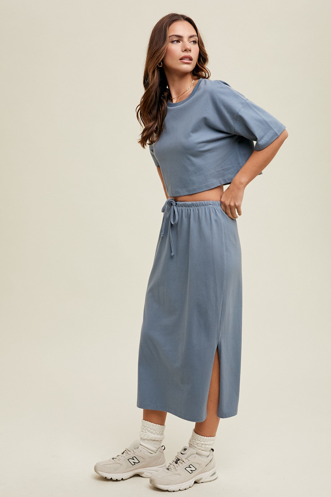 Cotton Crop Tee Skirt Set - Slate Blue