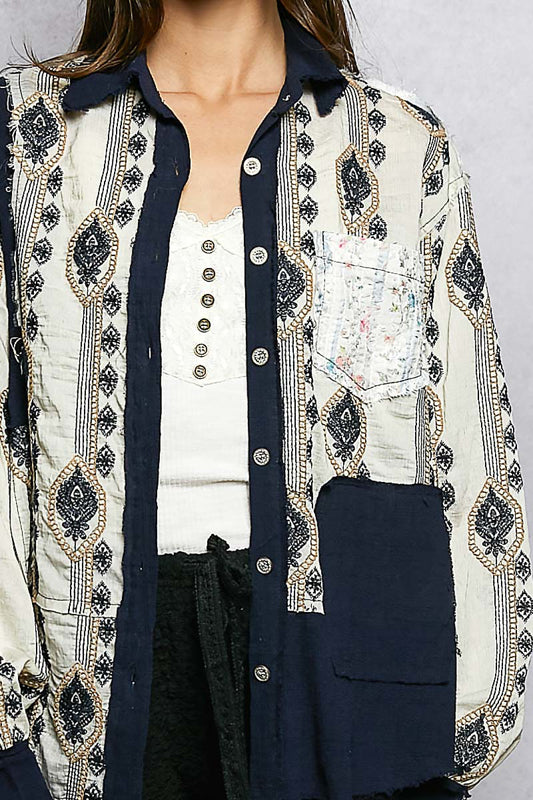 Embroidered Boho Top -Navy