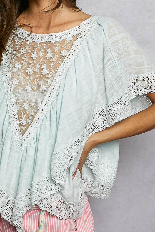 Lace + Embroidered Ruffle Top - Pale Blue