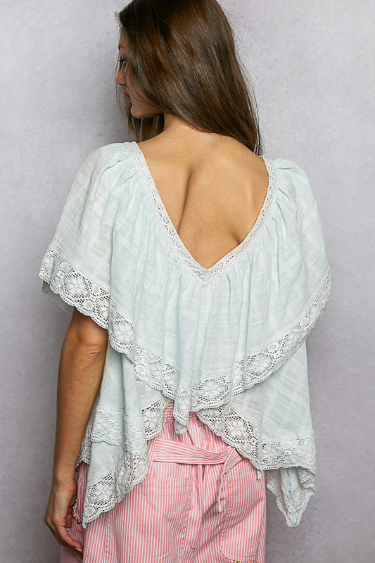 Lace + Embroidered Ruffle Top - Pale Blue