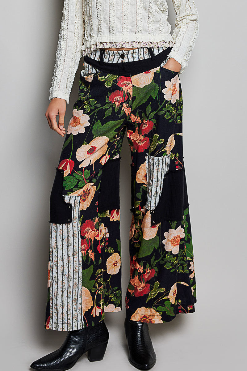 Floral Straight Pants - Black