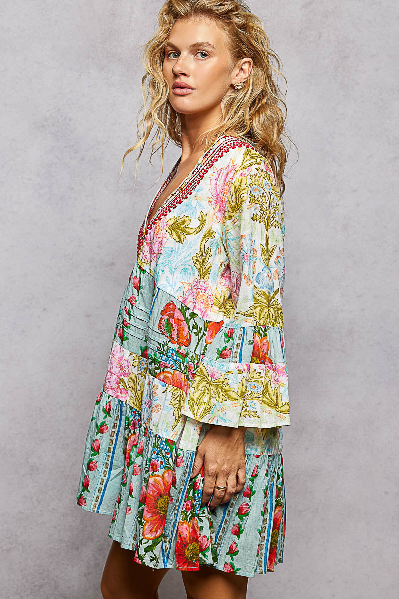 Seashell Embroidered Floral Tunic Dress - Cool