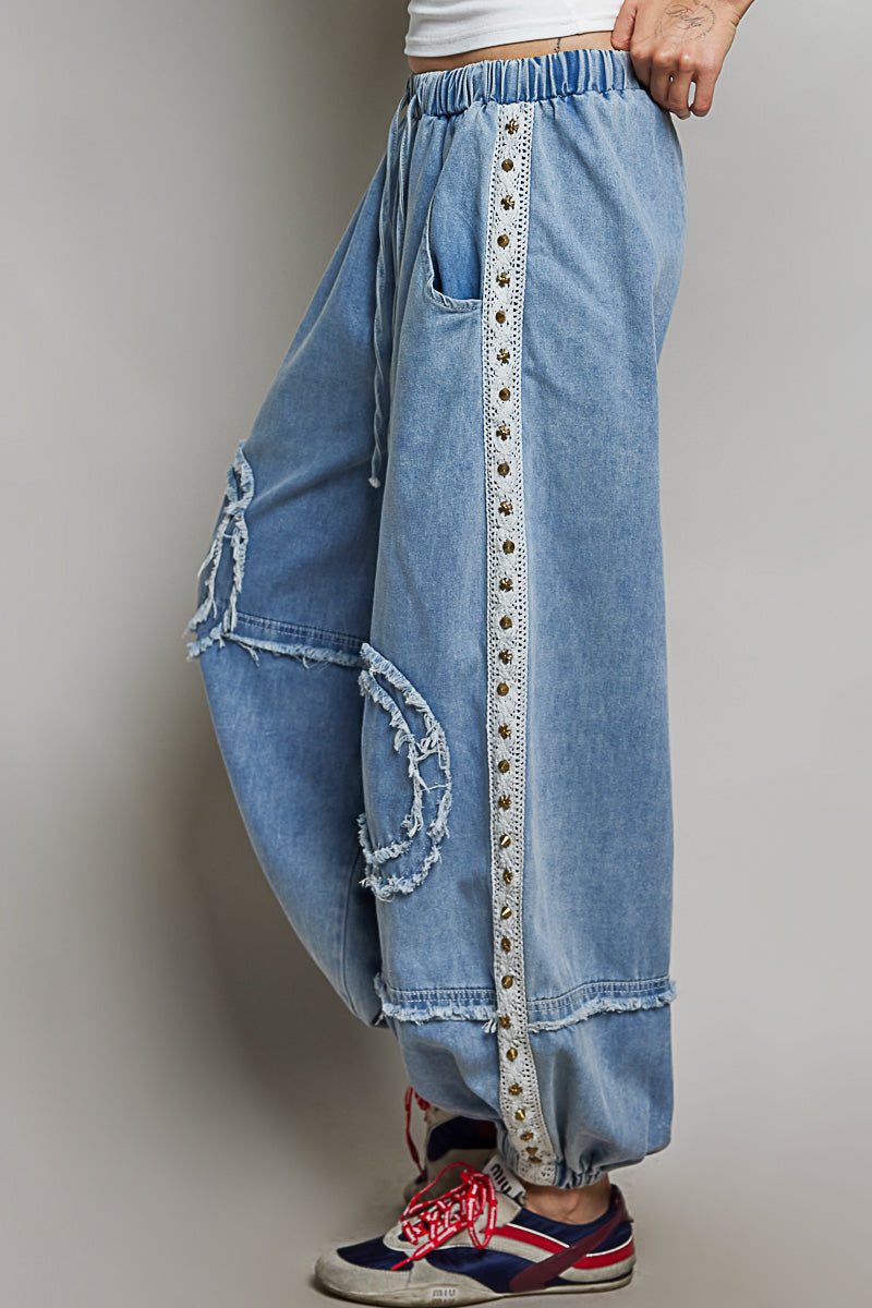 Slouchy Studded Joggers - Denim