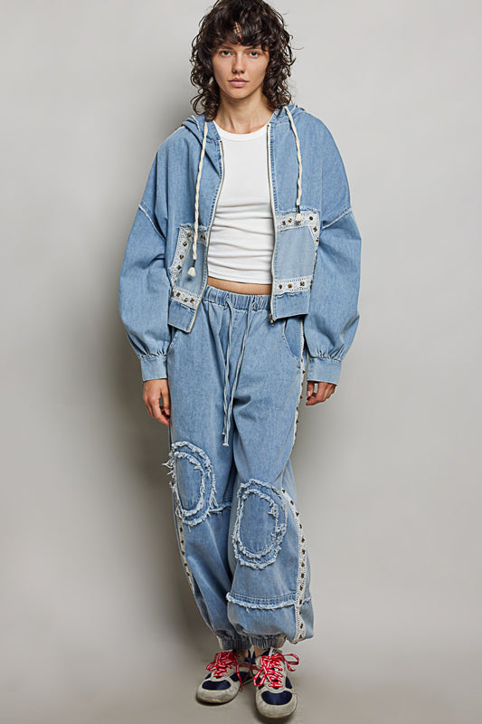 Studded Denim Zip-Up Hoodie