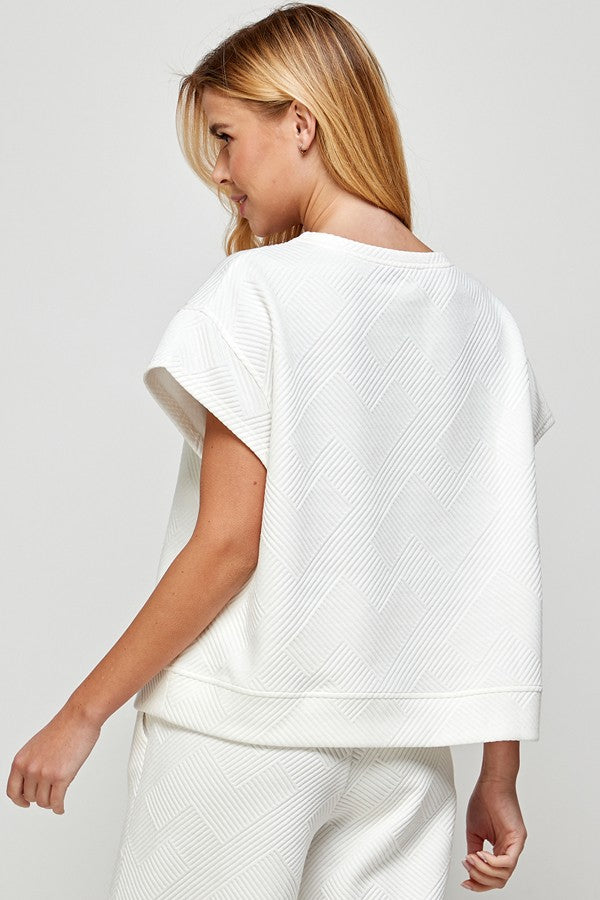 Geo Ribbed Cropped Sleeve Top - White