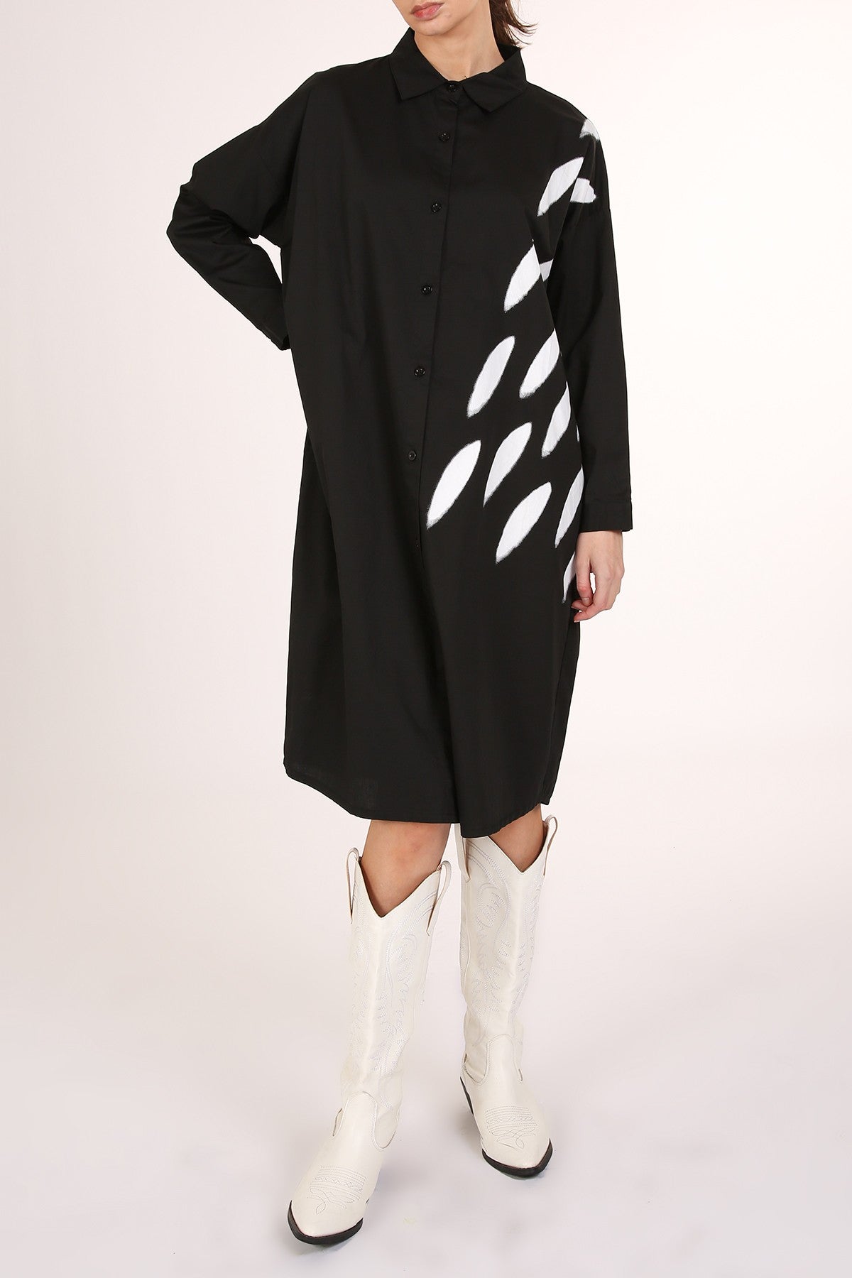 Contrast Modern Print Midi Shirt Dress - Black