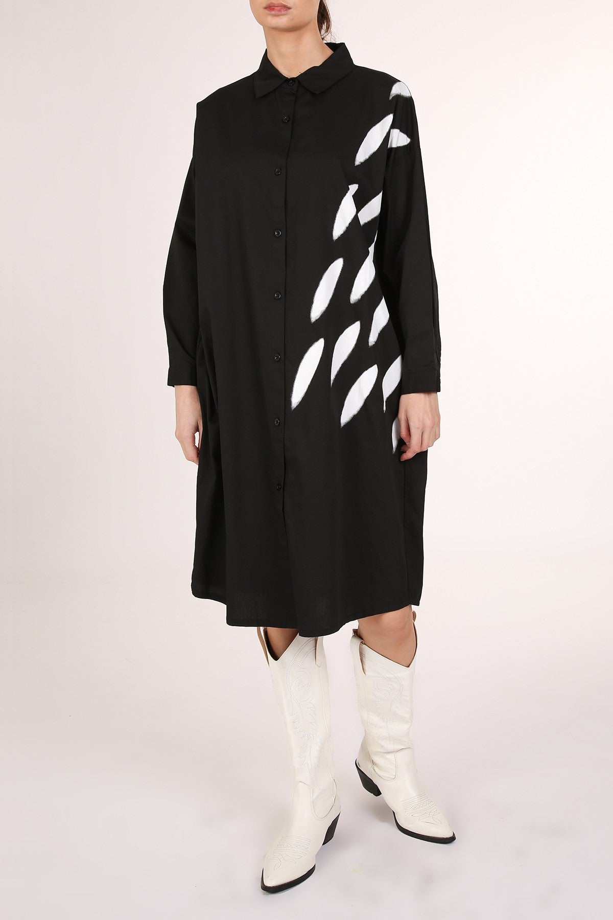 Contrast Modern Print Midi Shirt Dress - Black