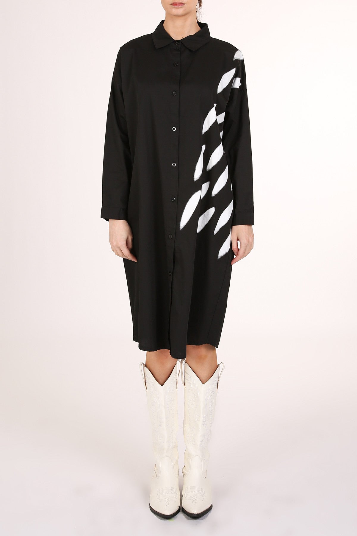 Contrast Modern Print Midi Shirt Dress - Black