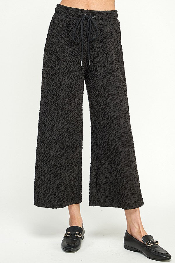 Crinkled Black Cropped Wide-Legged Pants