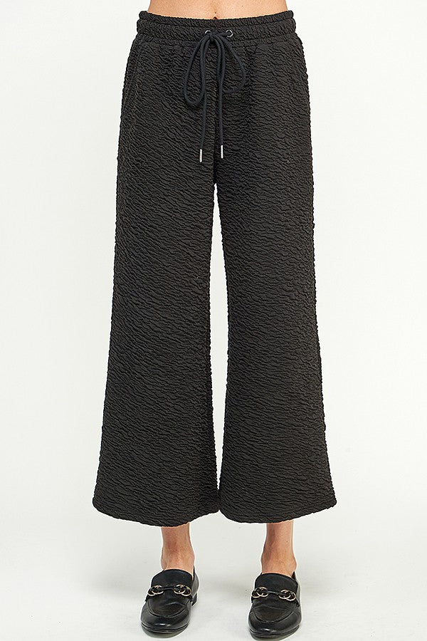 Crinkled Black Cropped Wide-Legged Pants