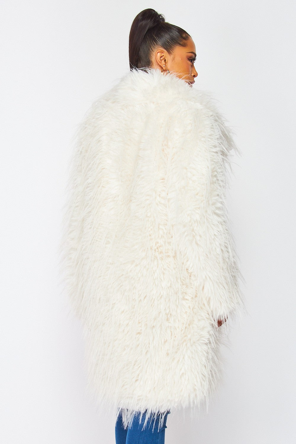 Luna Shaggy Faux Fur Lapel Collar Coat - Ivory