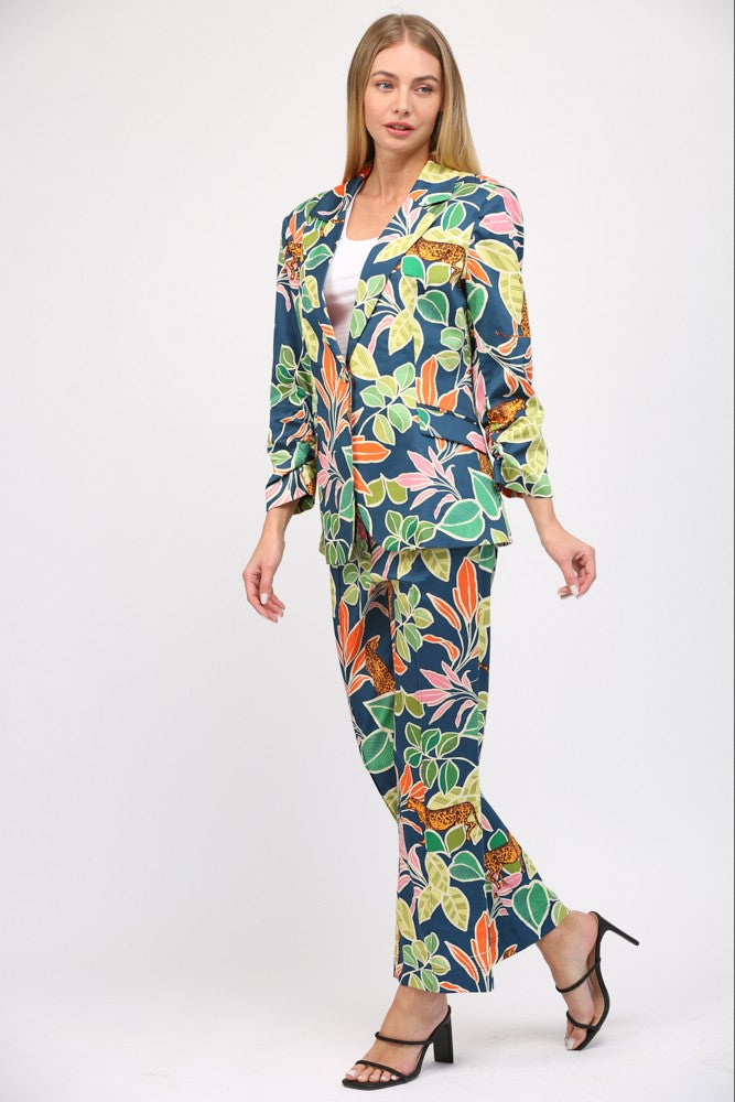 Tropical Print Satin Blazer