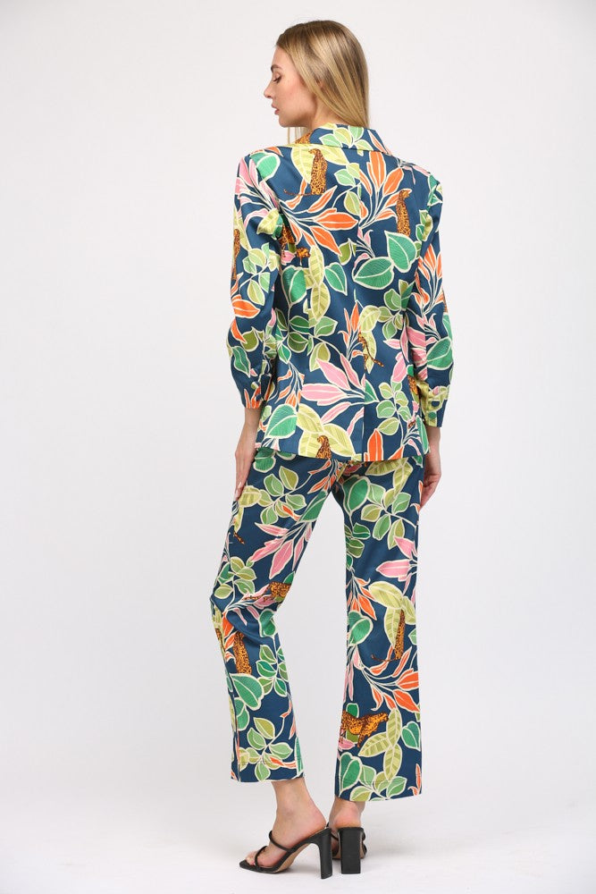 Tropical Print Satin Blazer