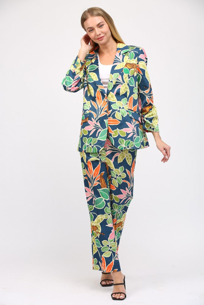 Tropical Print Satin Blazer
