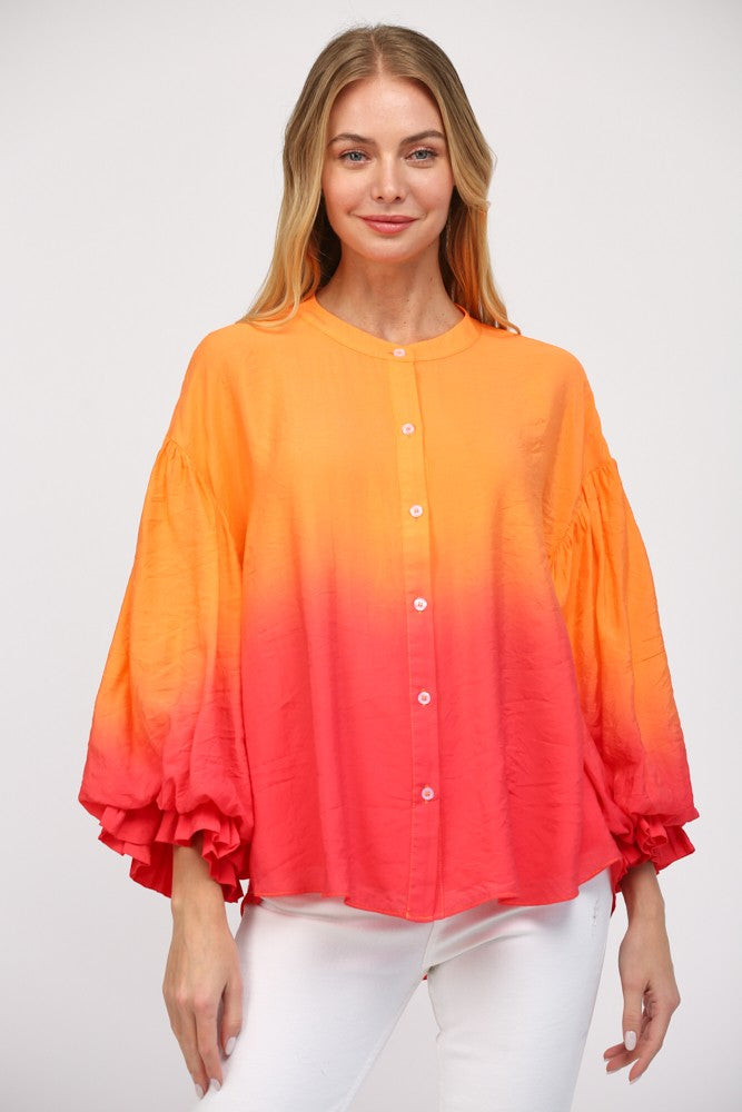 Balloon Sleeve Button Down - Orange/Pink