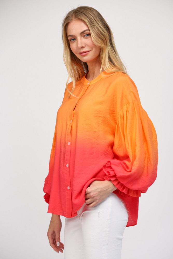 Balloon Sleeve Button Down - Orange/Pink