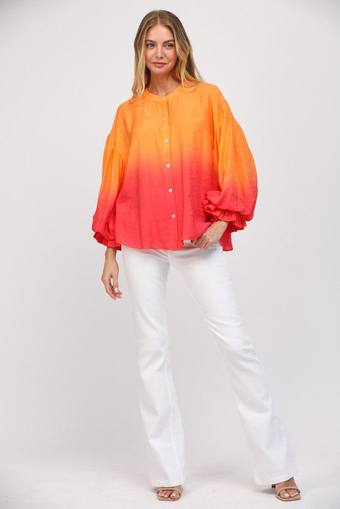 Balloon Sleeve Button Down - Orange/Pink