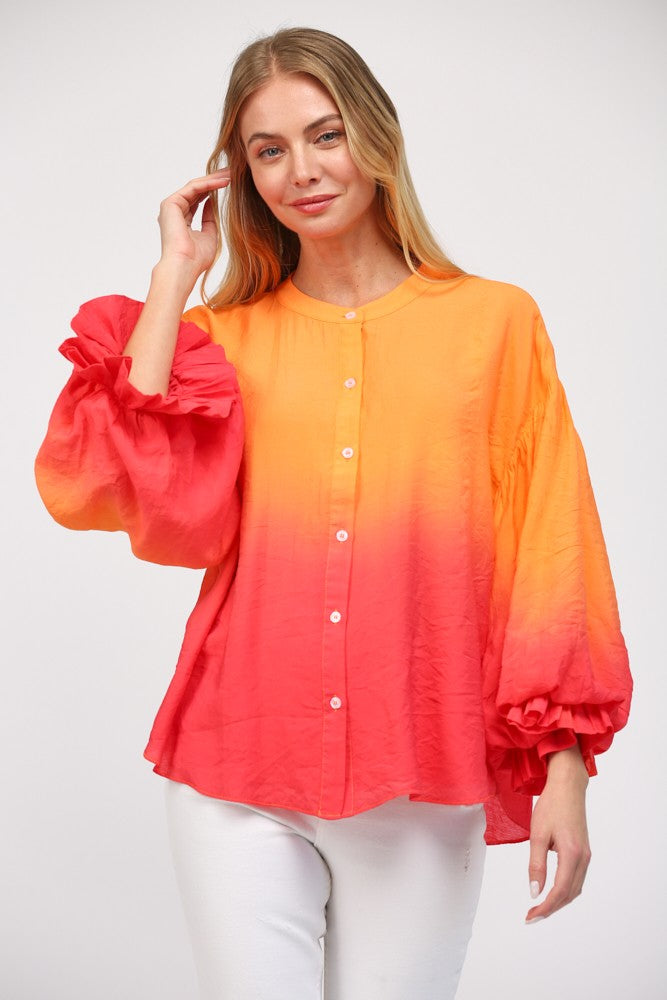 Balloon Sleeve Button Down - Orange/Pink