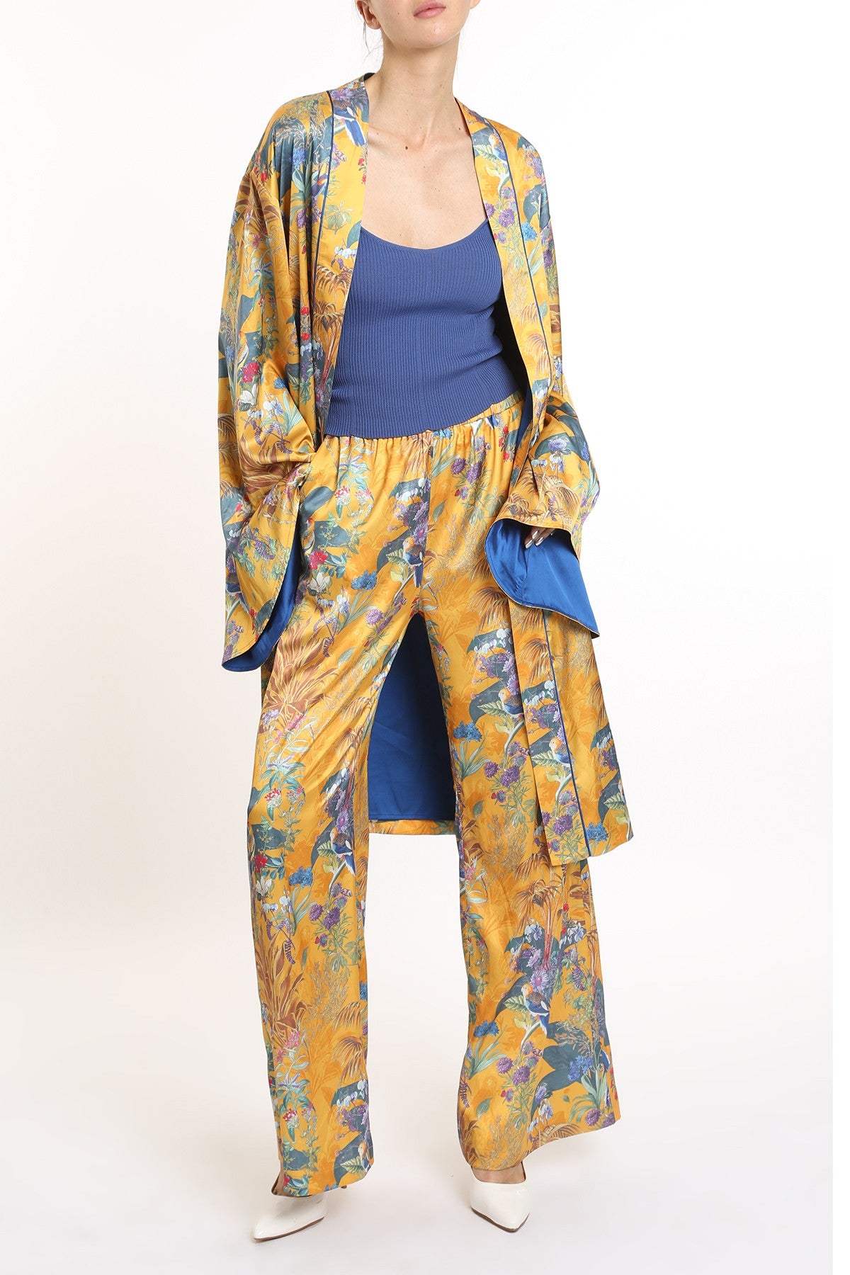 Tropical Print Belted Robe & Pants Set