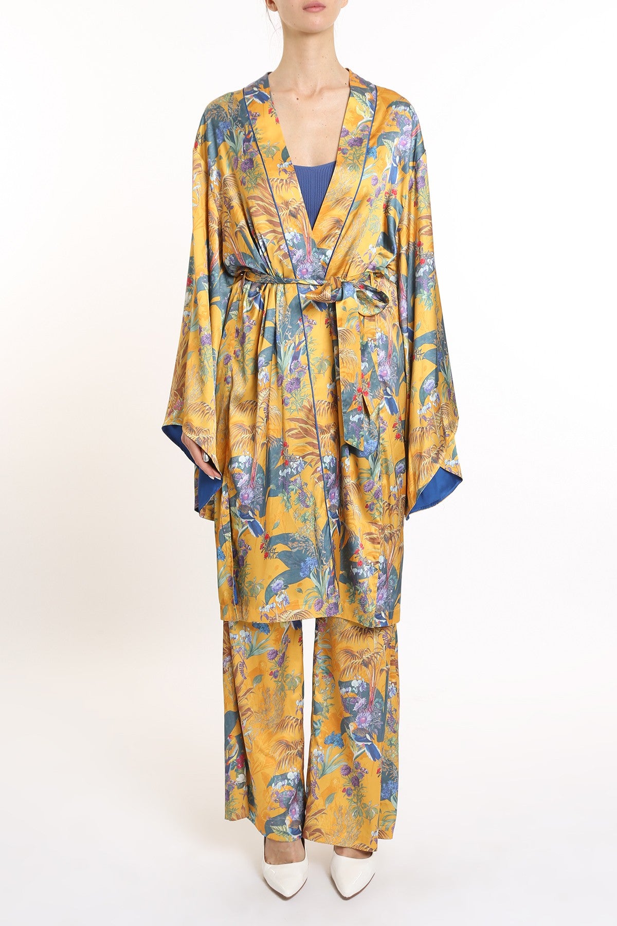 Tropical Print Belted Robe & Pants Set