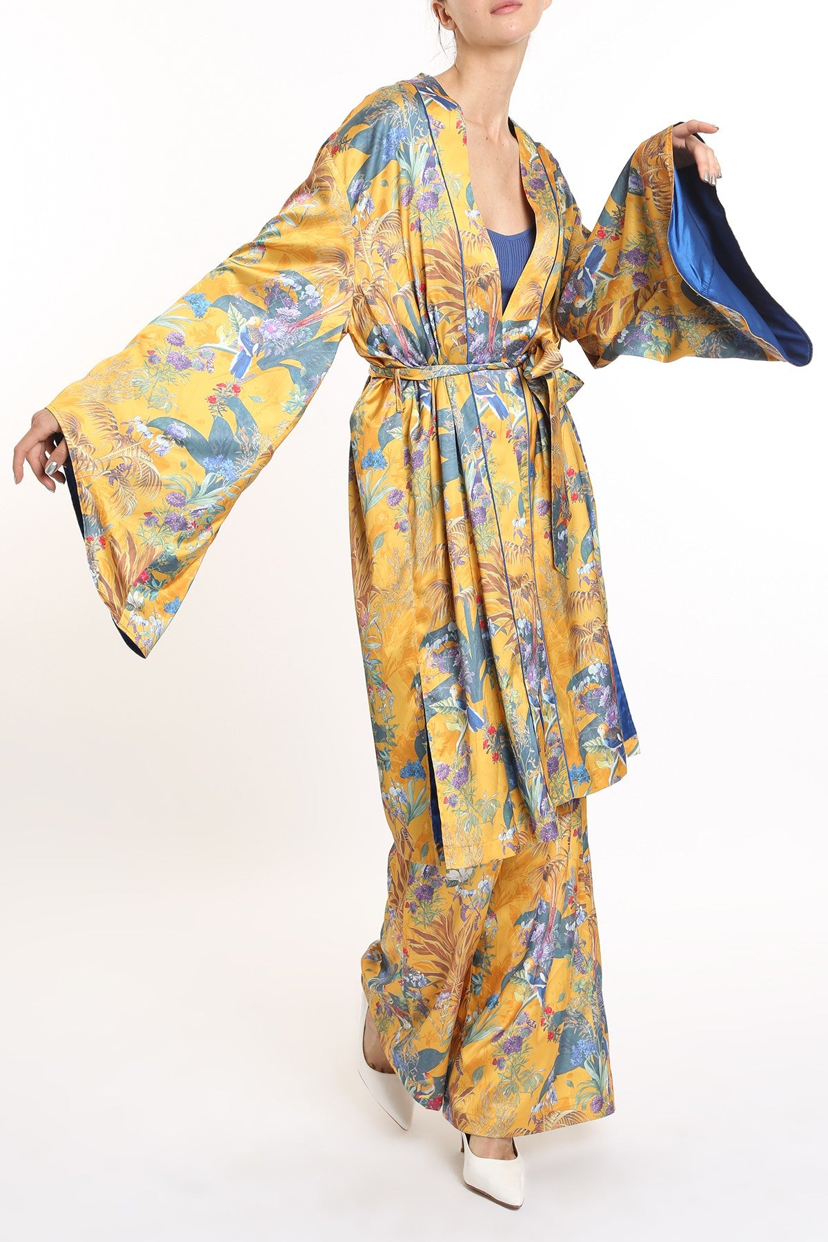 Tropical Print Belted Robe & Pants Set