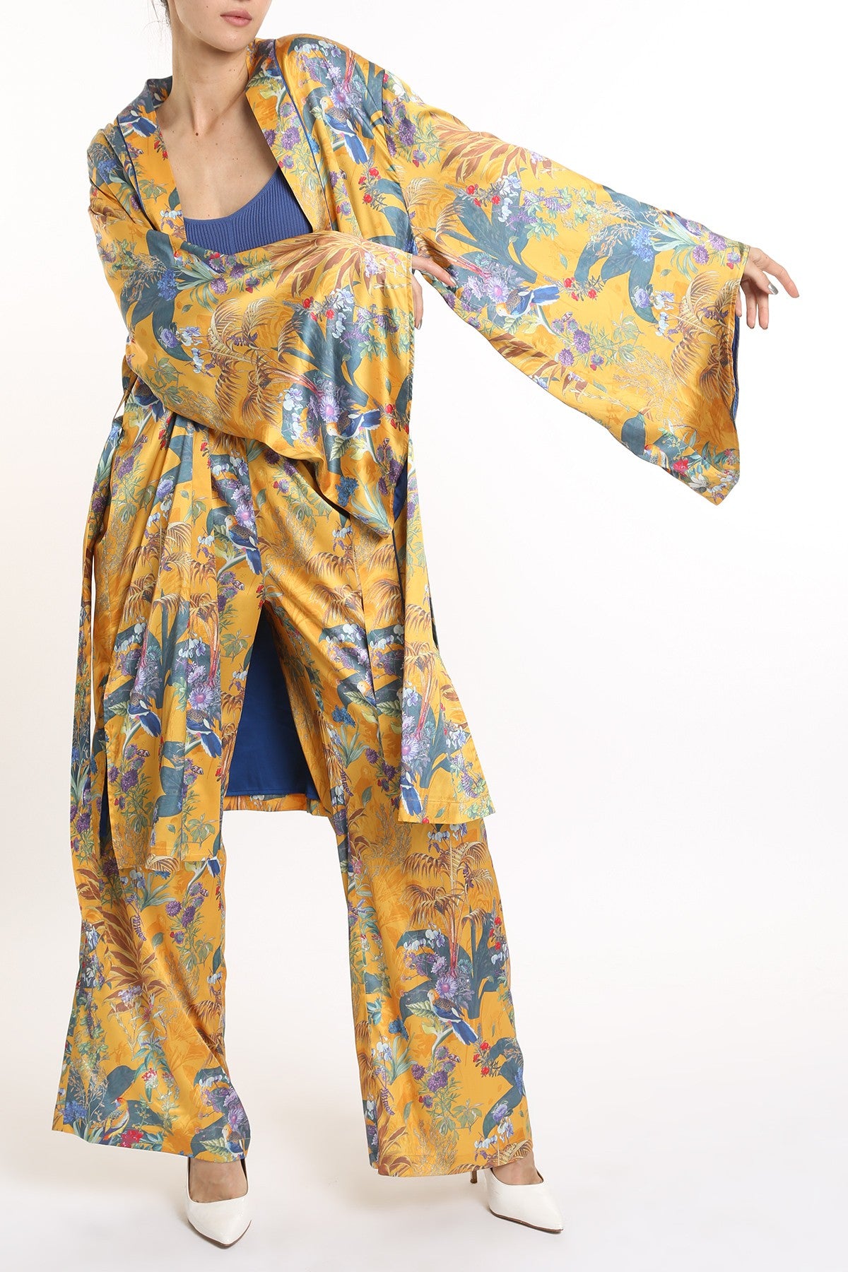 Tropical Print Belted Robe & Pants Set