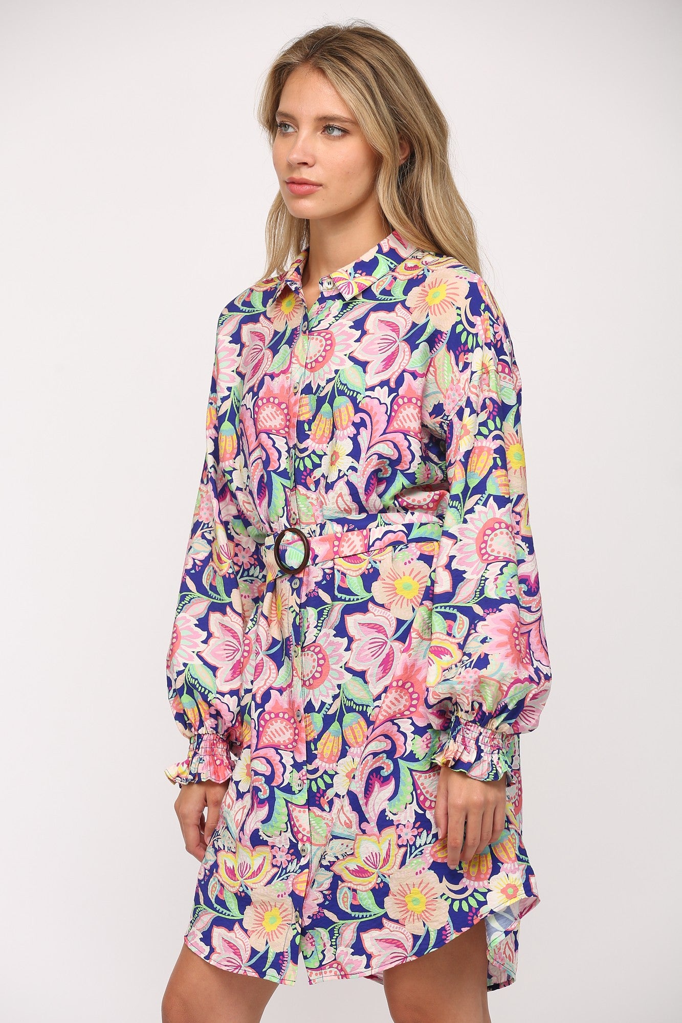 floral print belted shirt dress Solessence Blue Floral Print Belted Maxi Dress Women's Traditional Modest Wear Button Down Lapel Collar Bishop Sleeve High Waist A-Line Eleg,M