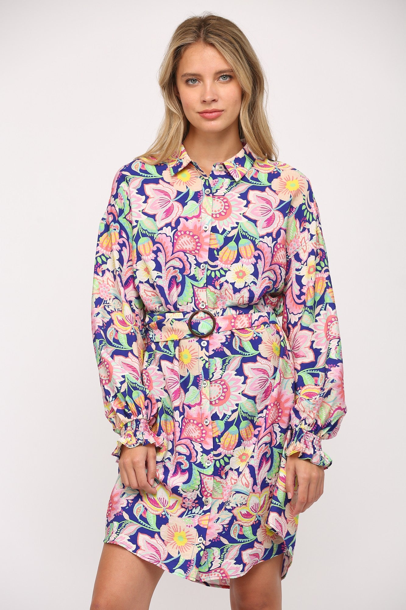Floral Print Belted Shirt Dress - Blue Multi