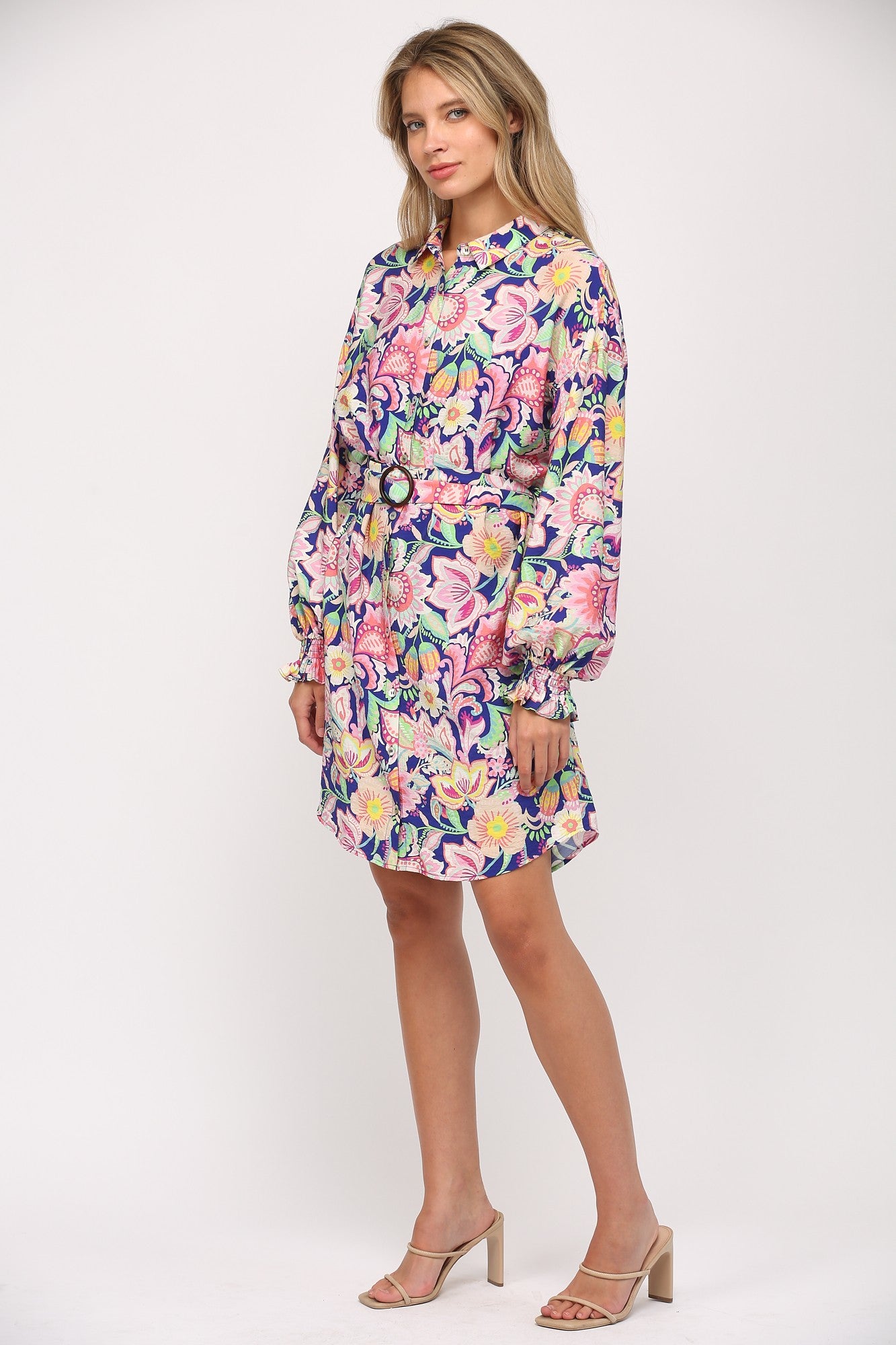 Floral Print Belted Shirt Dress - Blue Multi
