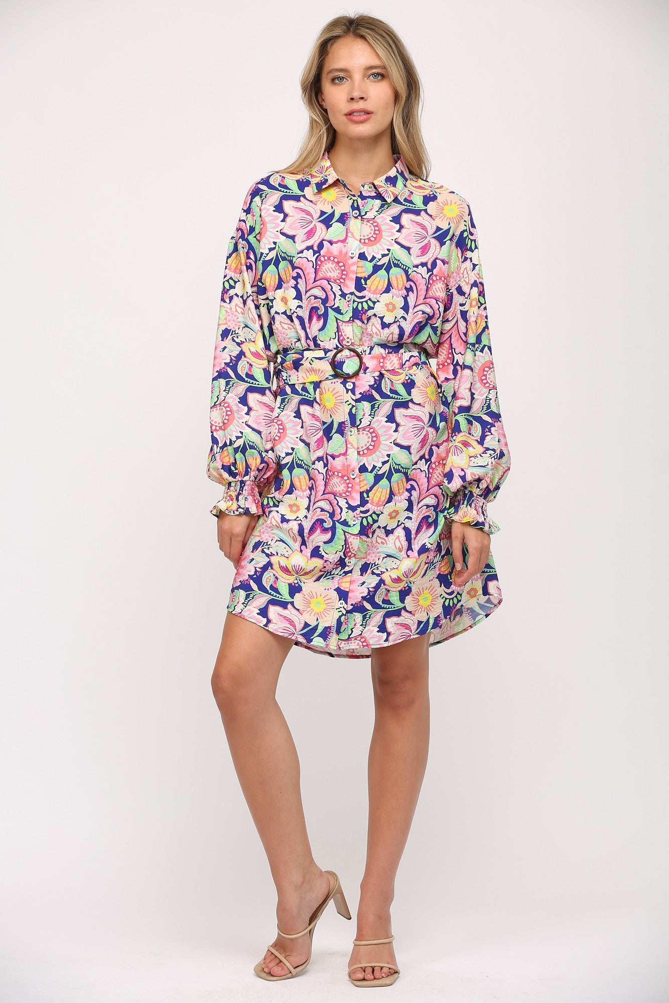 Floral Print Belted Shirt Dress - Blue Multi