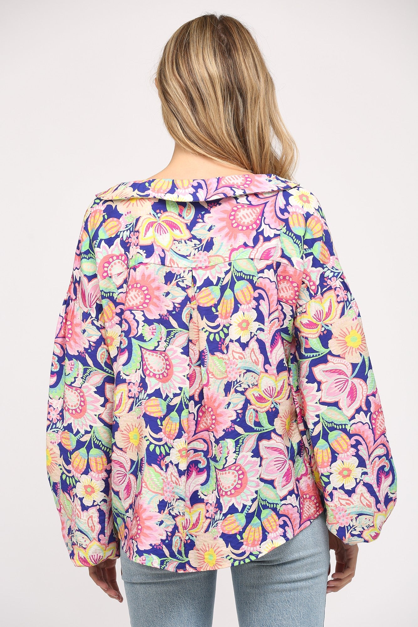 Flower Print Split Neck Blouse - Deep Blue Multi