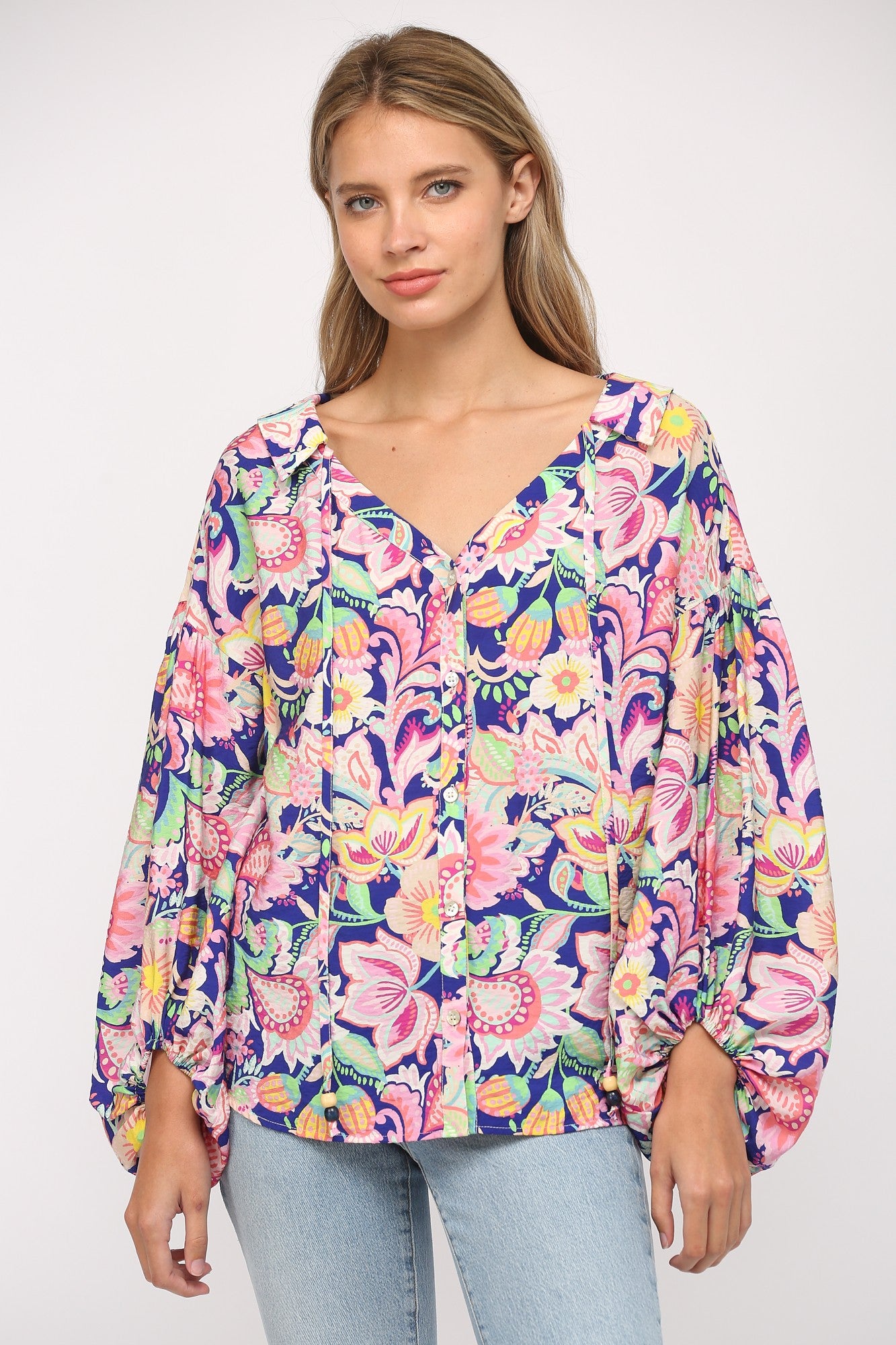 Flower Print Split Neck Blouse - Deep Blue Multi