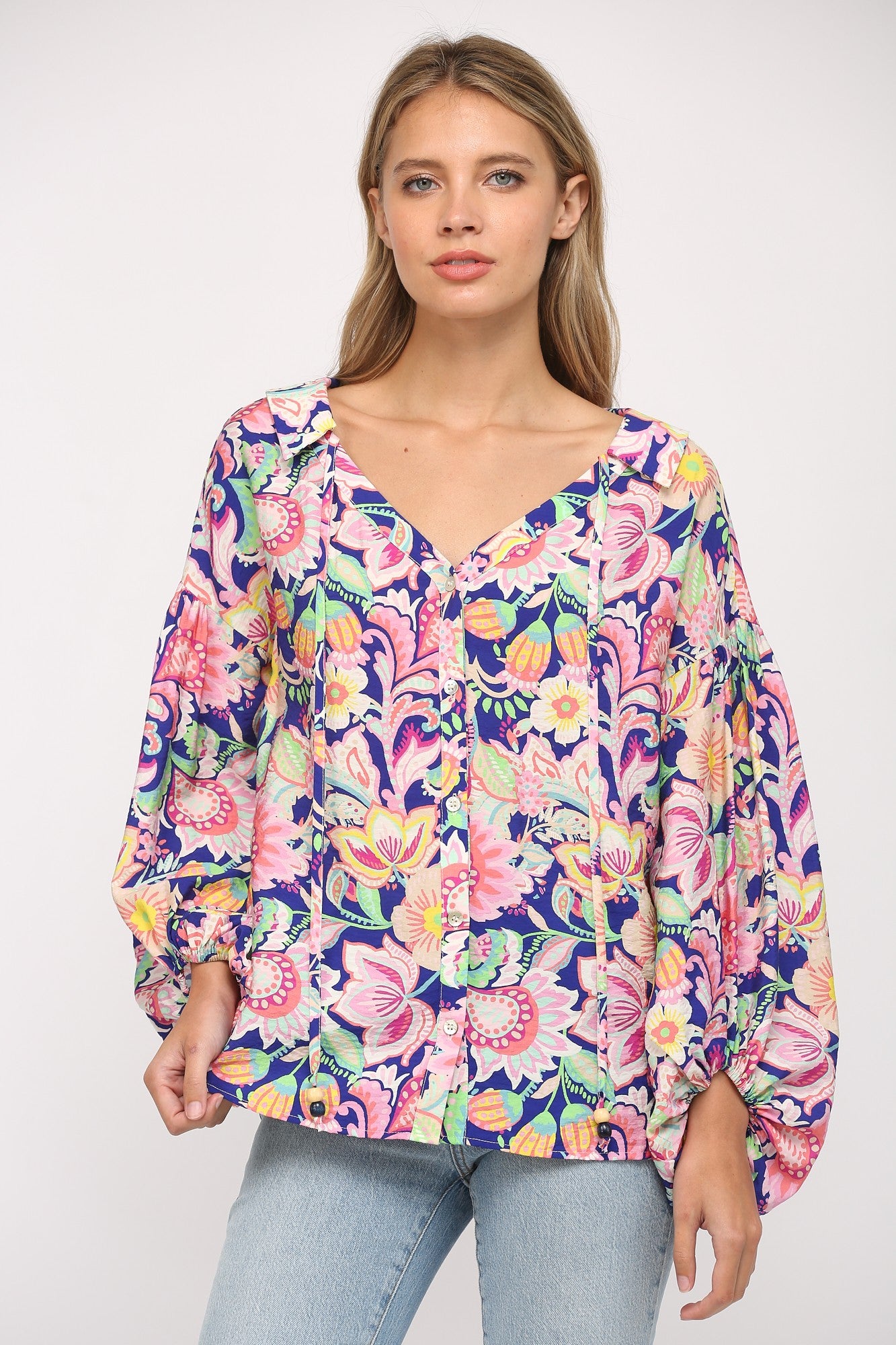 Flower Print Split Neck Blouse - Deep Blue Multi