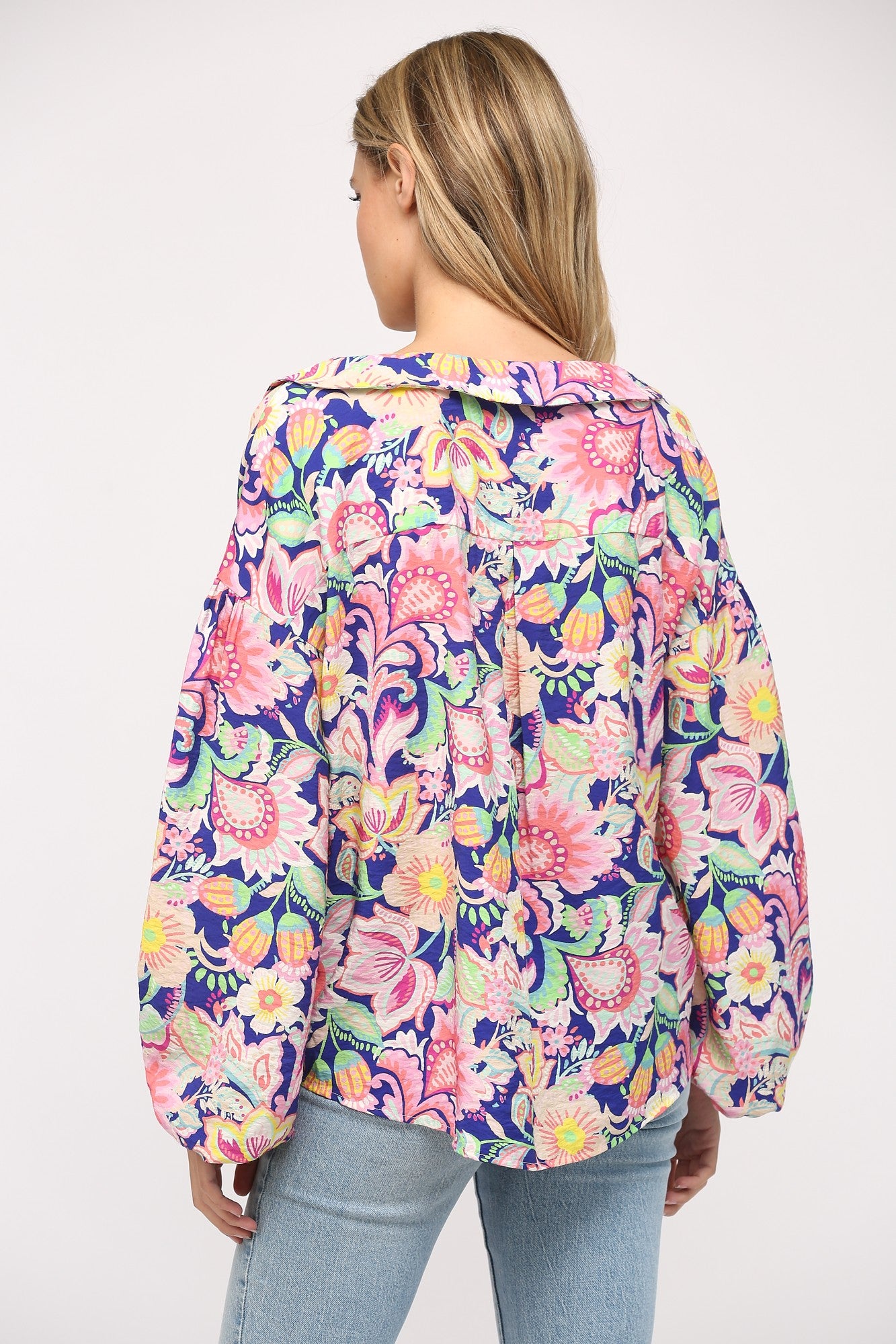 Flower Print Split Neck Blouse - Deep Blue Multi