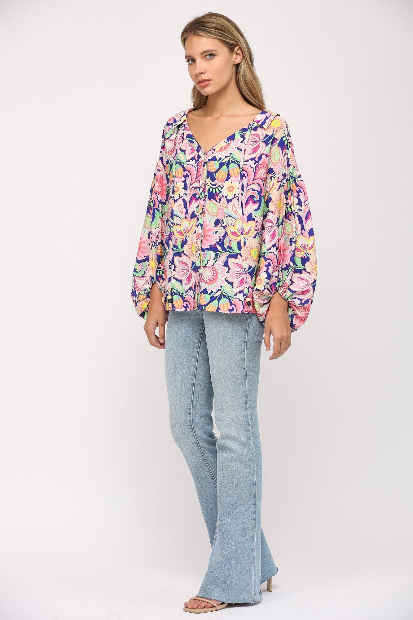 Flower Print Split Neck Blouse - Deep Blue Multi