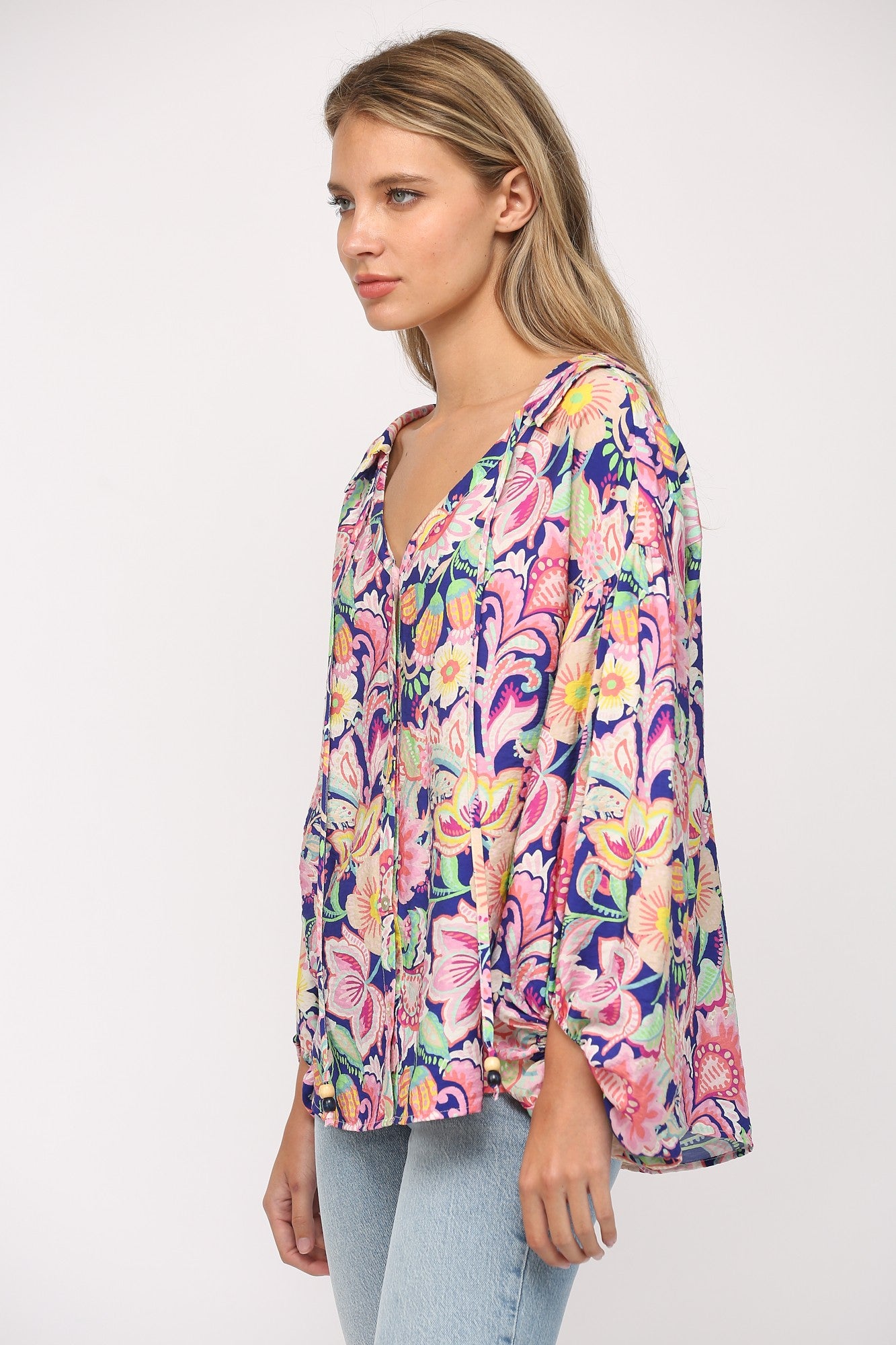 Flower Print Split Neck Blouse - Deep Blue Multi