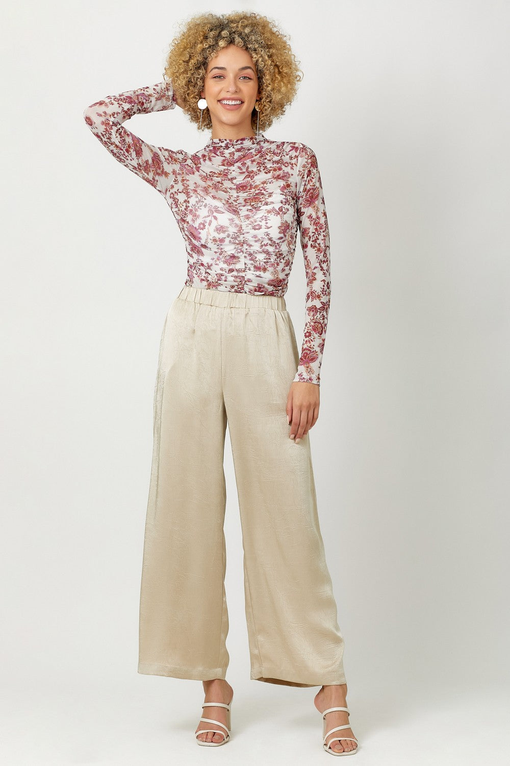 Crinkle Satin Pull-On Pants - Sand