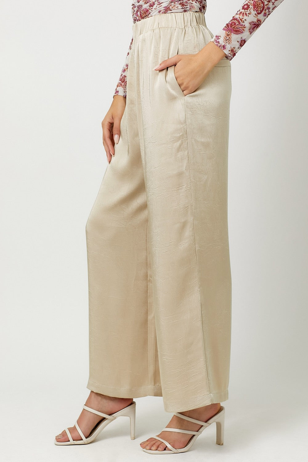 Crinkle Satin Pull-On Pants - Sand