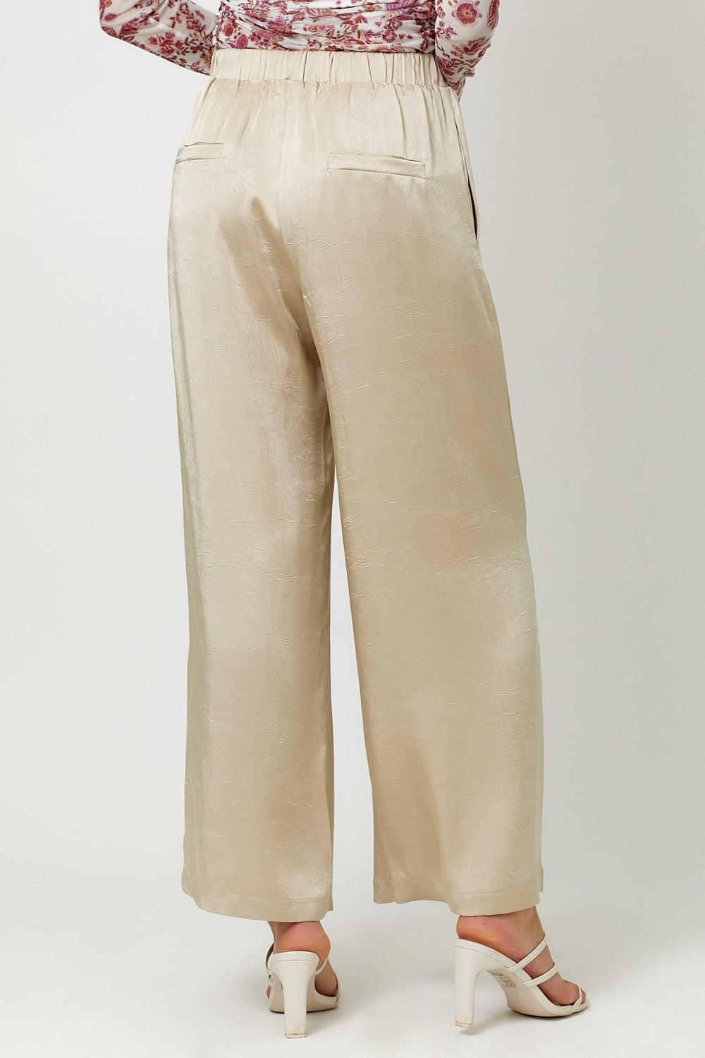Crinkle Satin Pull-On Pants - Sand