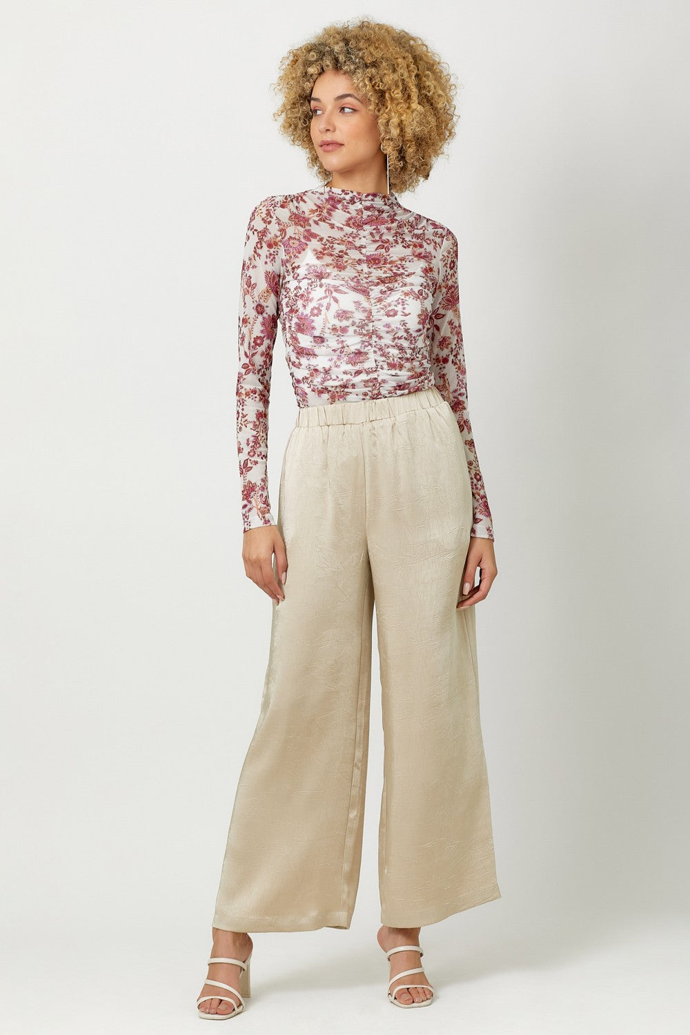 Crinkle Satin Pull-On Pants - Sand