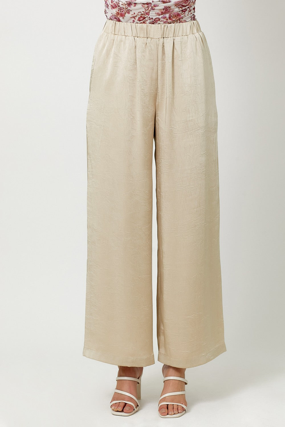 Crinkle Satin Pull-On Pants - Sand