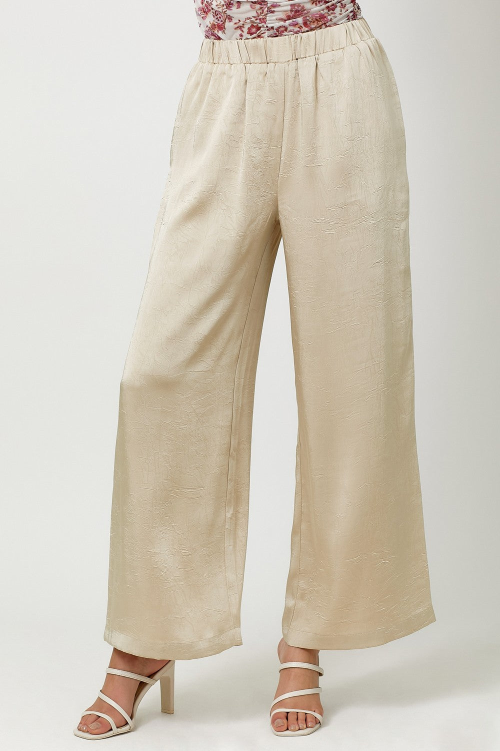 Crinkle Satin Pull-On Pants - Sand