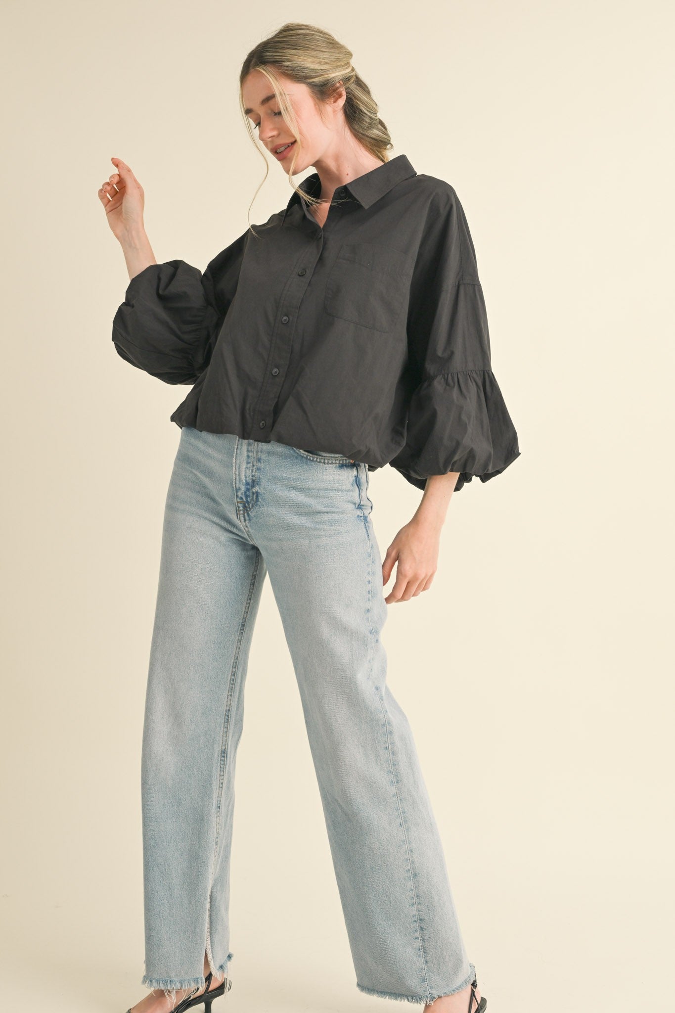 Button Down Bubble Sleeve Top - Black