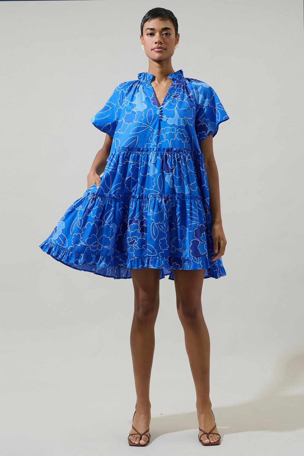 pallas mini dress Maris Floral Pallas Poplin Tiered Mini Dress COBALTS / S by Sugarlips
