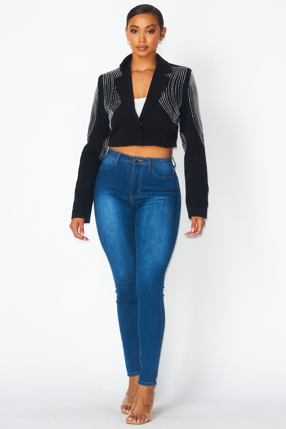Rhinestone Cropped Blazer - Black