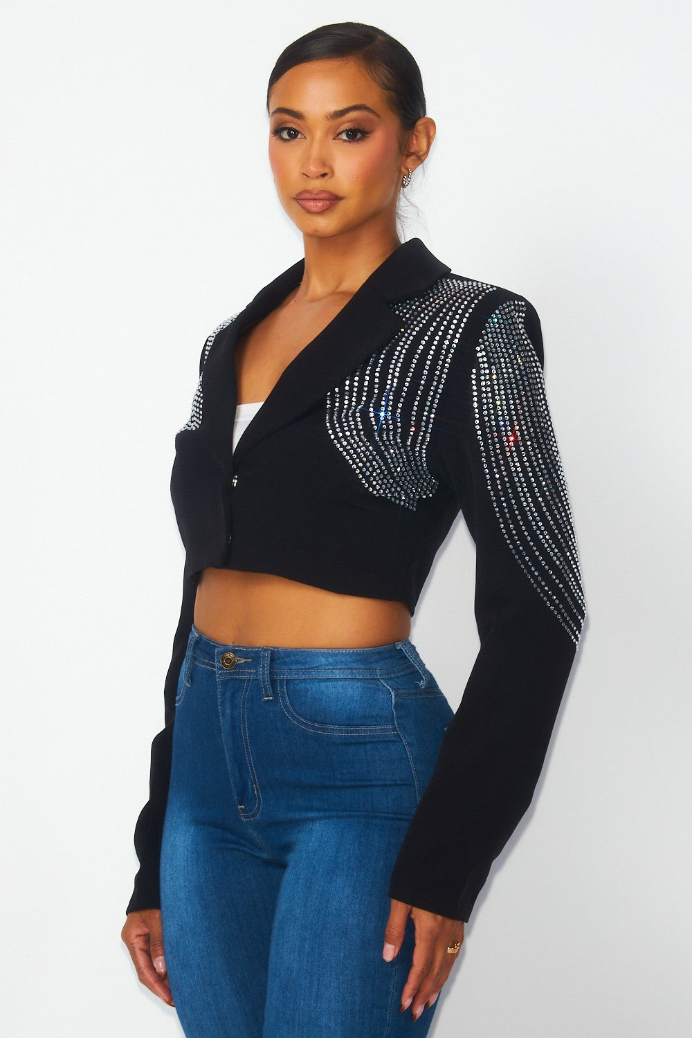 Rhinestone Cropped Blazer - Black